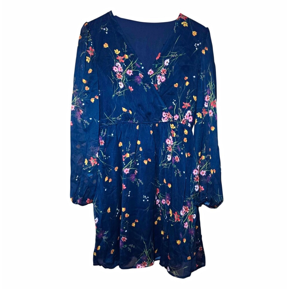 NWT Cupshe Realm Of Sky Floral Chiffon Mini Dress Large Navy Blue Long Sleeve